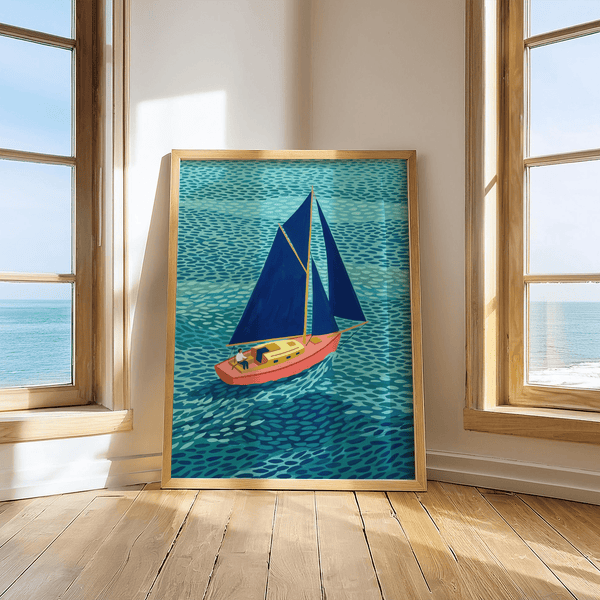 Colorful Sailboart Poster with Blue sails and Pink deck for kid's playroom wall art