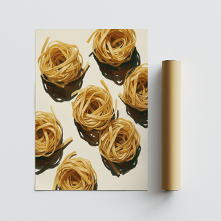 Cozy kitchen setting with Fettuccine Print, beige and yellow art print