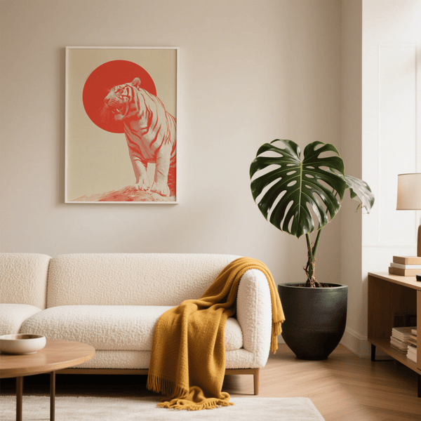 Bold Tiger Wall Art, red beige poster for modern bedroom decor