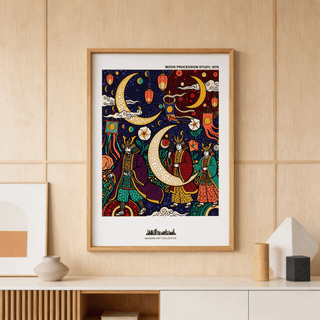 Japanese Festival Print showing a crescent moon and lantern procession