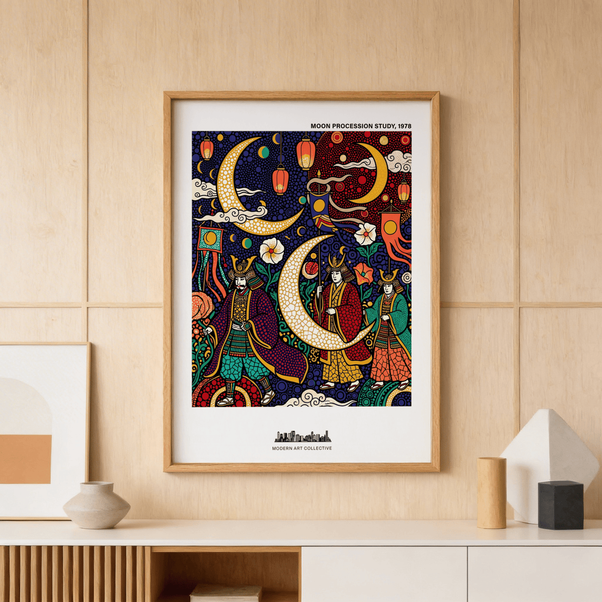 Japanese Festival Print showing a crescent moon and lantern procession