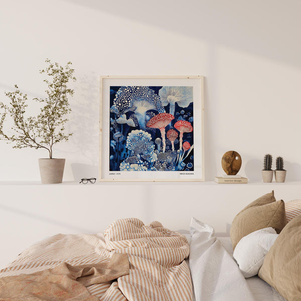 Moody and modern Japanese poster with toadstools glowing against a deep blue background.