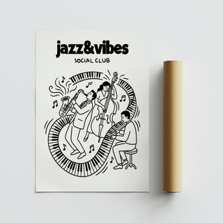 Detailed illustration poster of saxophone player and bassist with rhythm lines and notes