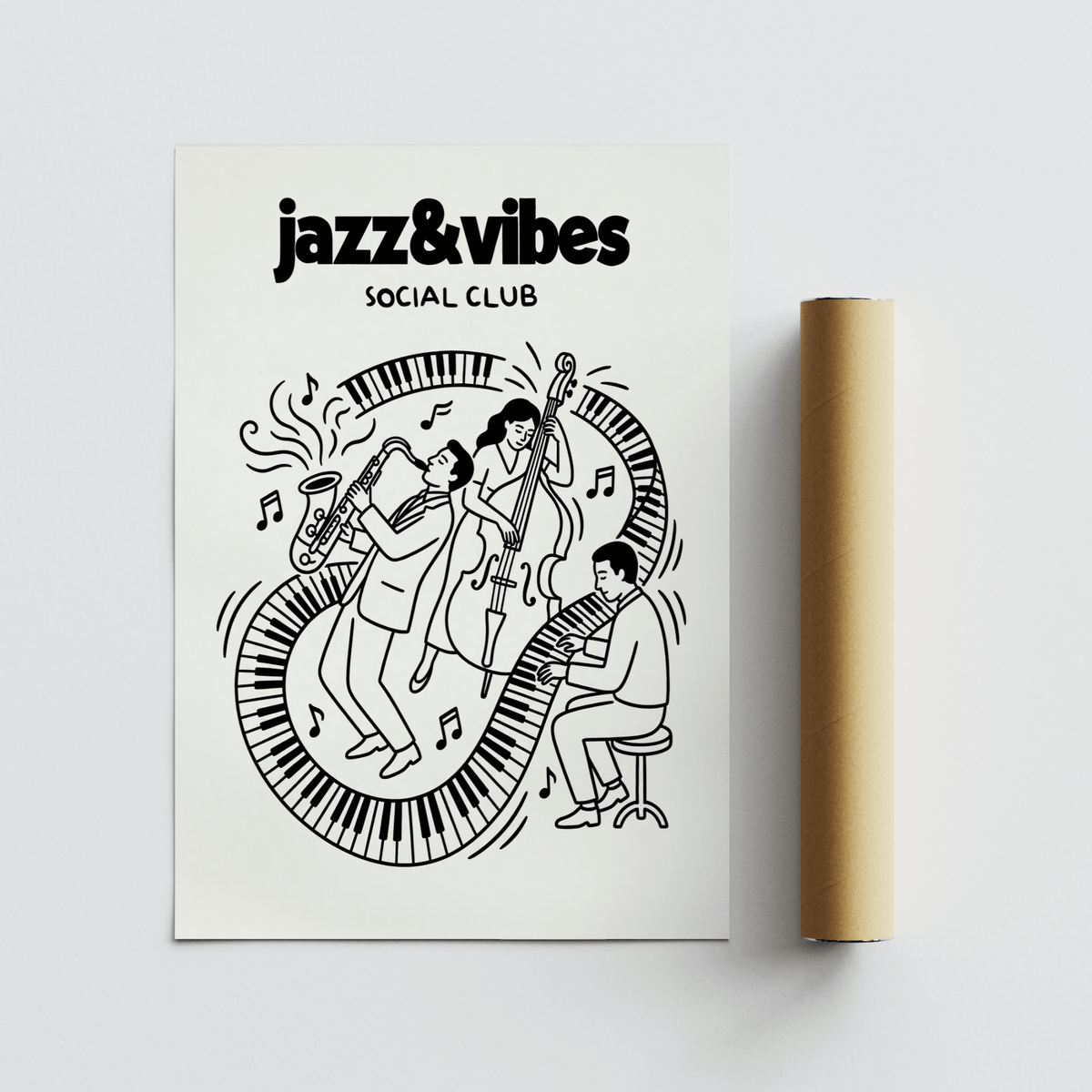 Detailed illustration poster of saxophone player and bassist with rhythm lines and notes