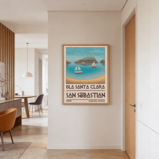 Island Vacation Poster wall art featuring three sailboats, distant island, and stylized location text at the bottom