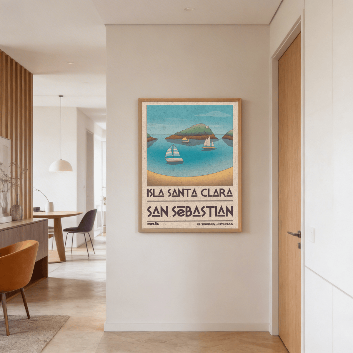 Island Vacation Poster wall art featuring three sailboats, distant island, and stylized location text at the bottom