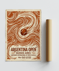 Typographic tennis poster print with curved motion lines and small crossed rackets icon
