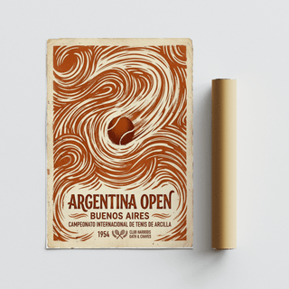Typographic tennis poster print with curved motion lines and small crossed rackets icon