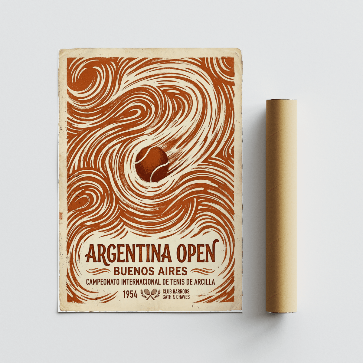 Typographic tennis poster print with curved motion lines and small crossed rackets icon