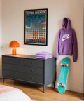 Detail view of geometric panel background and small star-like accents on sports poster print