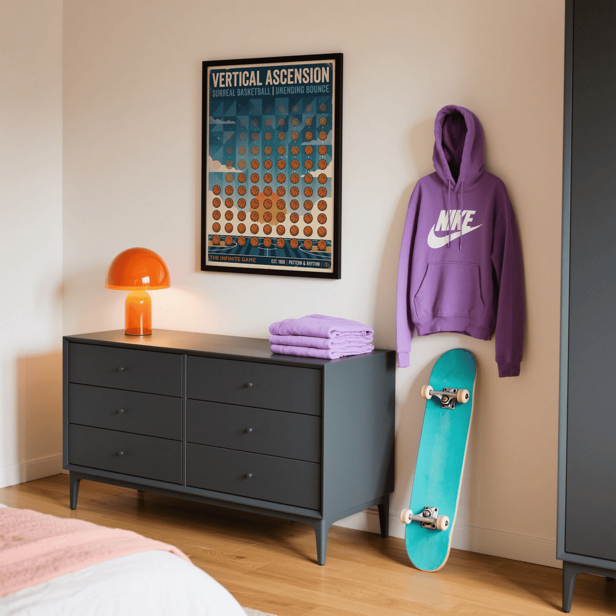 Detail view of geometric panel background and small star-like accents on sports poster print