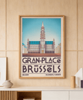 Close-up poster of Brussels Grand Place building illustration with patterned roof, arched windows, and geometric typography