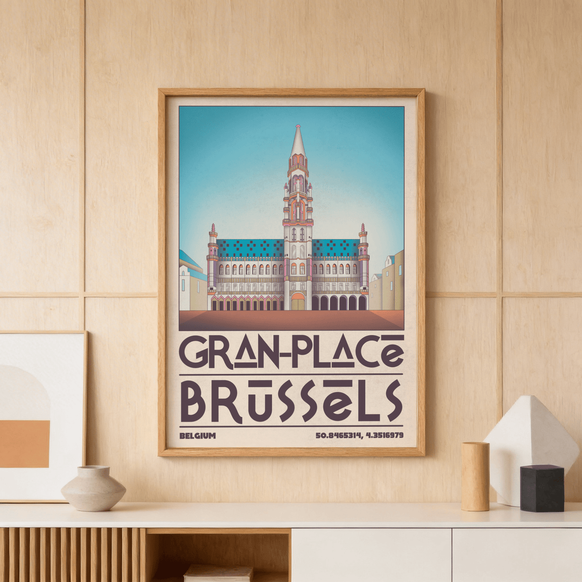 Close-up poster of Brussels Grand Place building illustration with patterned roof, arched windows, and geometric typography