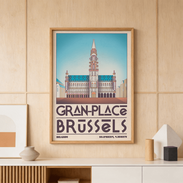 Close-up poster of Brussels Grand Place building illustration with patterned roof, arched windows, and geometric typography