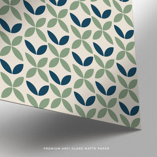 Blue and green wall art showing Bauhaus geometry in repeating organic shapes.
