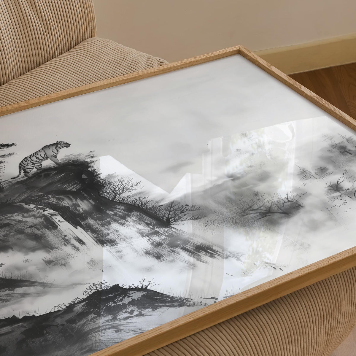 Tiger on rocky cliff in ink painting with foggy background, Asian tiger art decor.