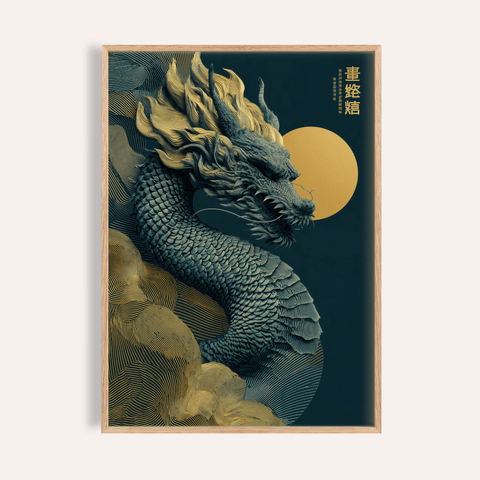 Chinese Dragon Art Print blue and gold for living room wall art