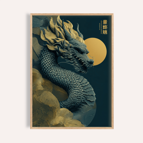 Chinese Dragon Art Print blue and gold for living room wall art