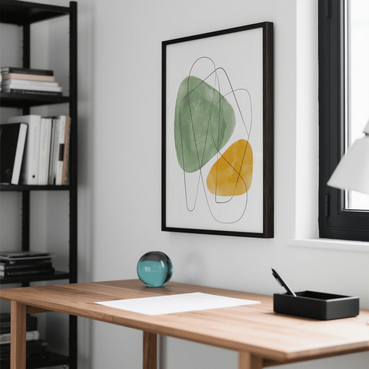 Abstract Watercolor Art print with green and yellow shapes above a desk with a blue glass orb