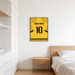 Personalised football shirt print showing YOUR NAME above large 10 digit