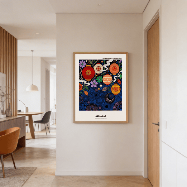 Decorative folk-art wall art print featuring round lanterns among flowers and vines