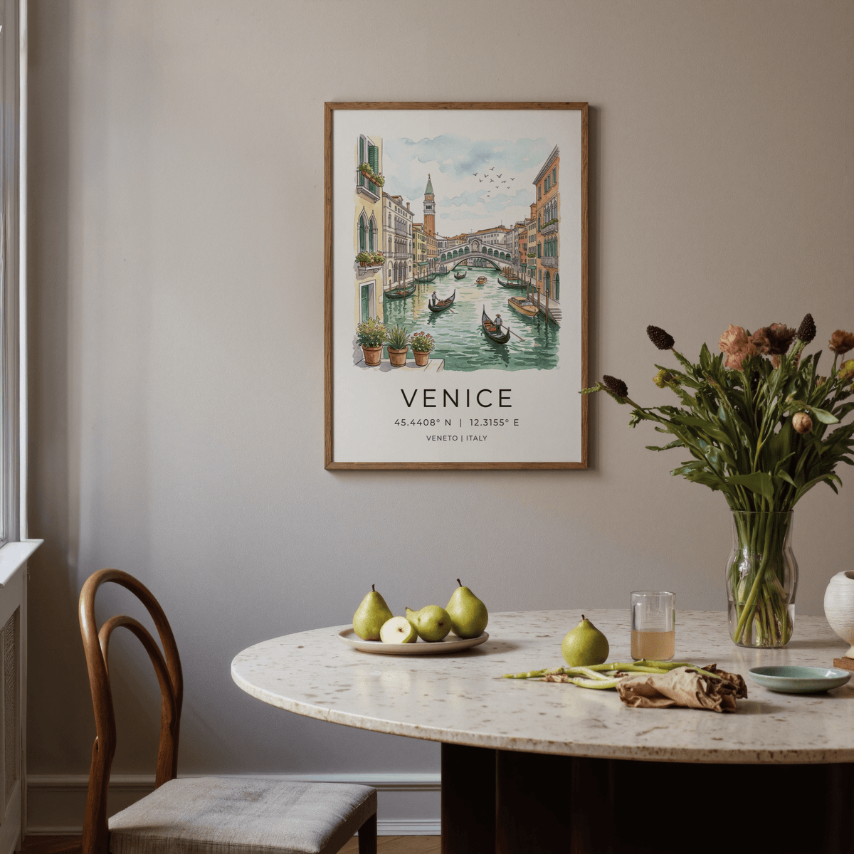Illustrated Venetian cityscape with colorful facades and balconies