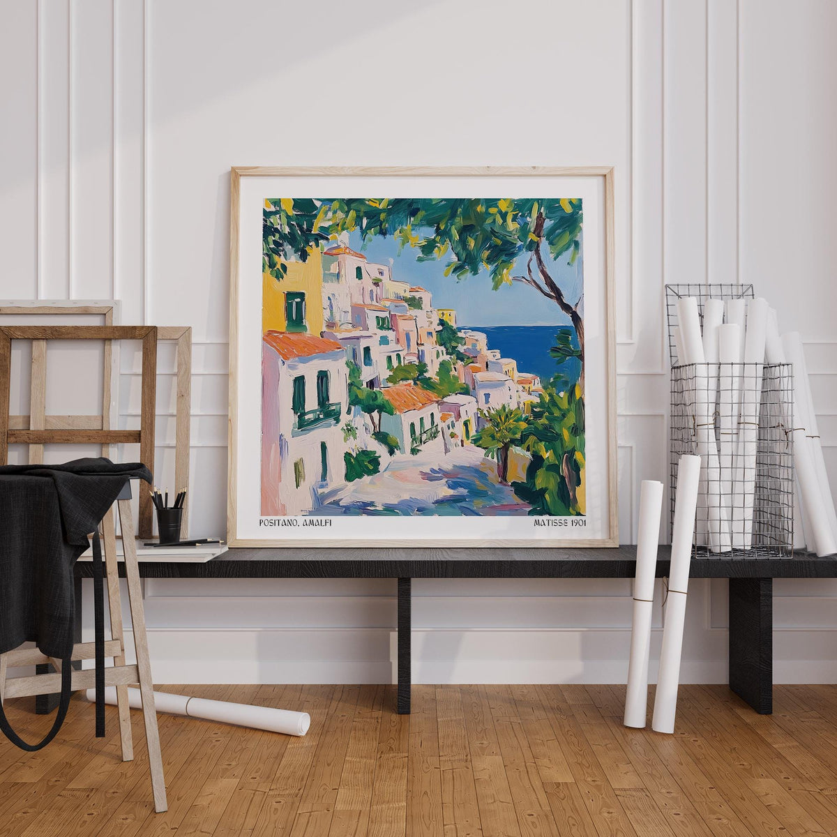 Sunlit Amalfi village with stacked homes and deep blue water in Positano Art.