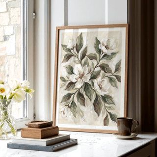 Magnolia Wall Decor botanical print with Beige and White for hallway decor