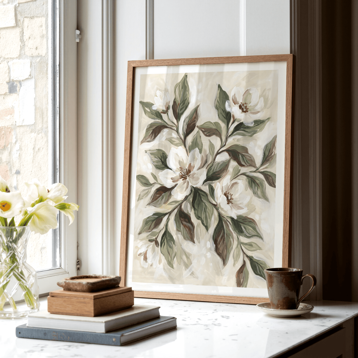 Magnolia Wall Decor botanical print with Beige and White for hallway decor