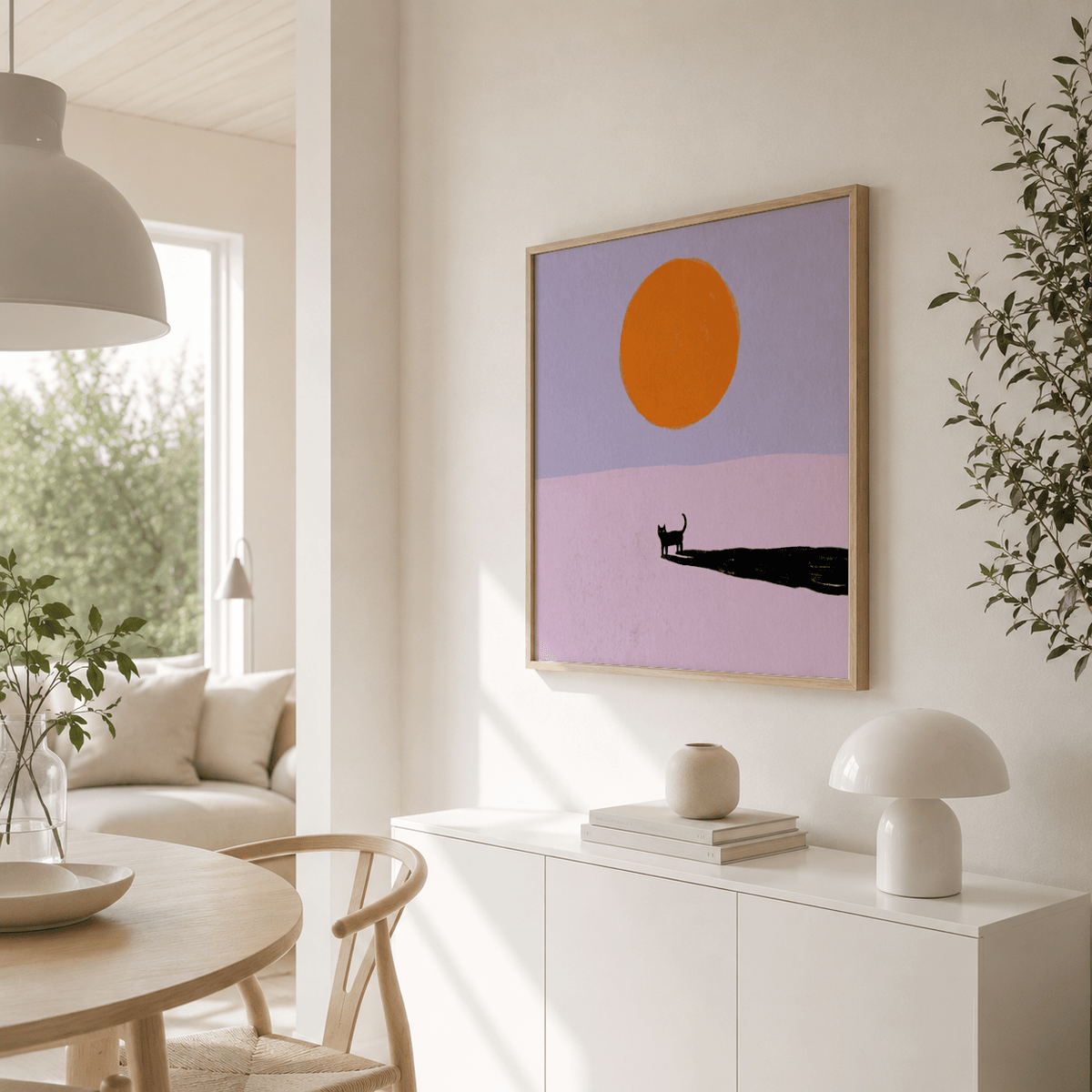 Detail of black cat silhouette print showing brush texture in the long shadow and simple horizon line