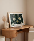 Dark green botanical art with golden dandelion accents