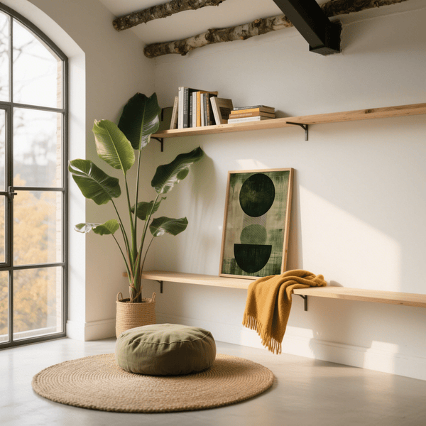 Green Wabi Sabi Print wall art, ideal in a beige and green-themed lounge