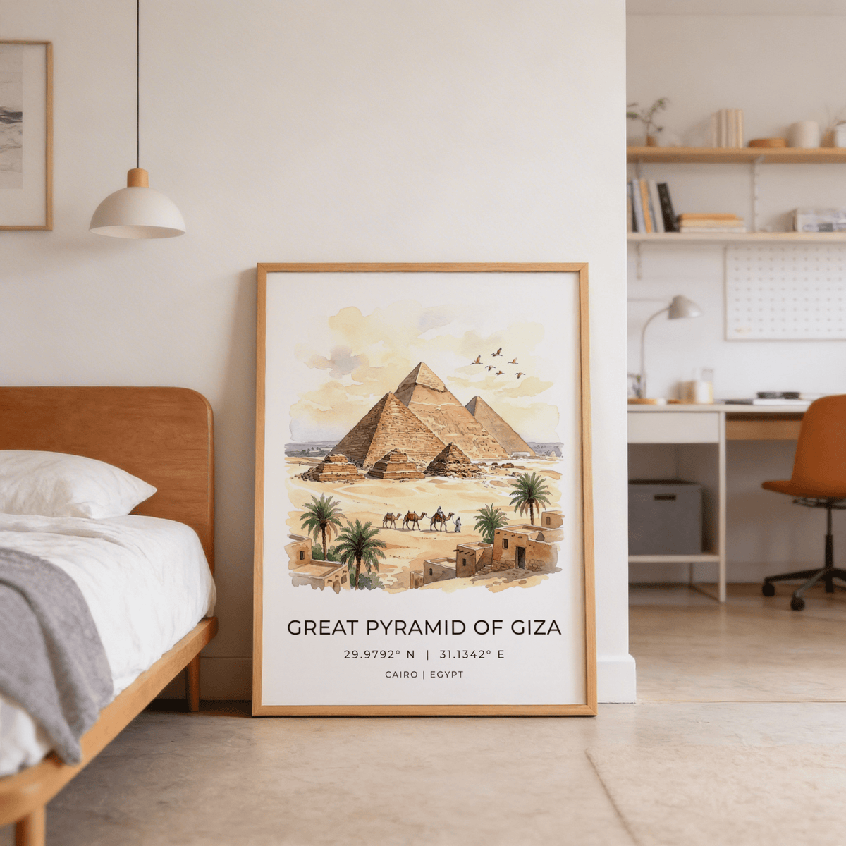 Camel caravan crossing golden dunes under wide blue sky illustration