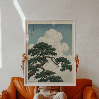 Japanese Landscape Poster featuring beige border and green details for bedroom art print