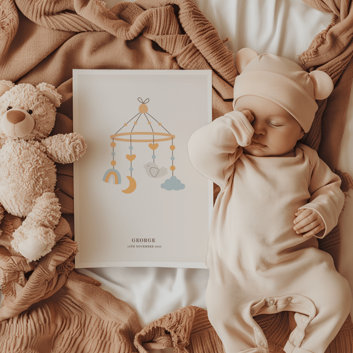 Personalised Baby Poster in beige, white, and gray for child’s room print