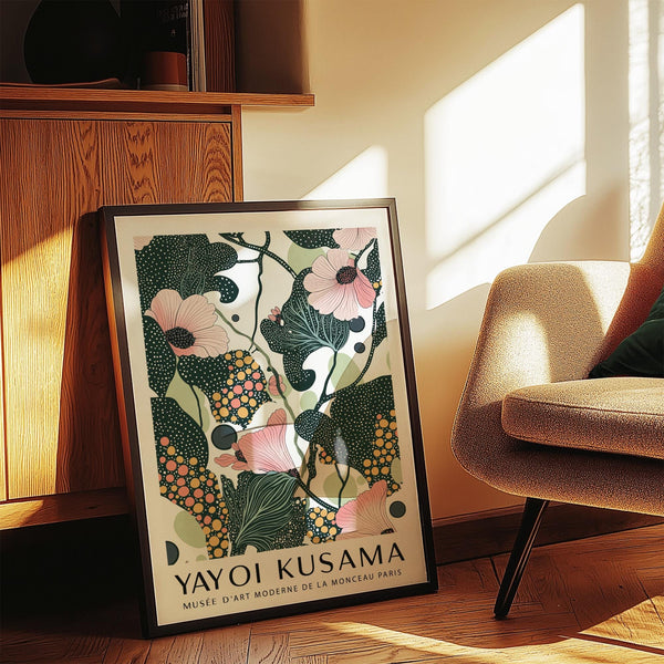 Botanical wall art with pink flower heads and swirling organic shapes