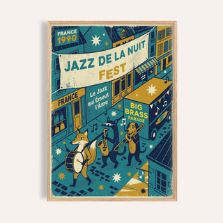 Front view of Paris Jazz Poster wall art with Jazz de la Nuit banner and marching band characters