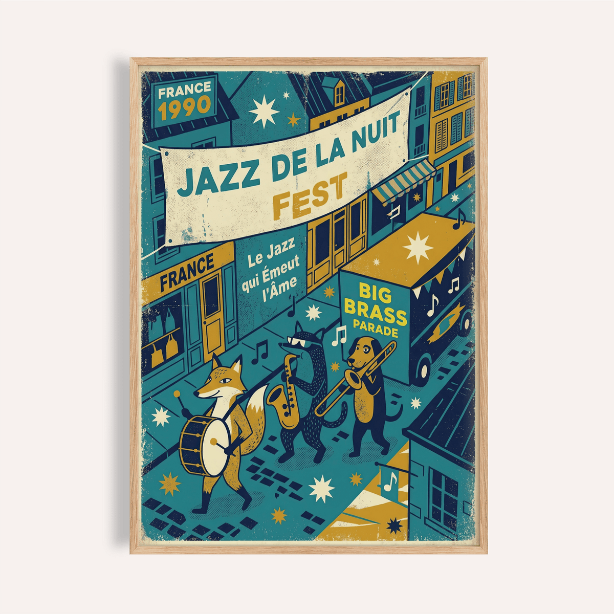 Front view of Paris Jazz Poster wall art with Jazz de la Nuit banner and marching band characters