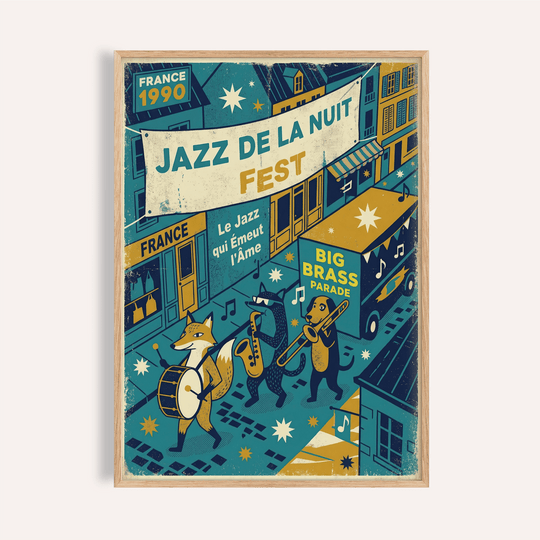 Front view of Paris Jazz Poster wall art with Jazz de la Nuit banner and marching band characters