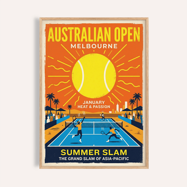 Australian Open Melbourne tennis poster wall art with sunburst and court illustration