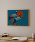 Cranes Artwork print for dining area, showing elegant birds in blue and orange