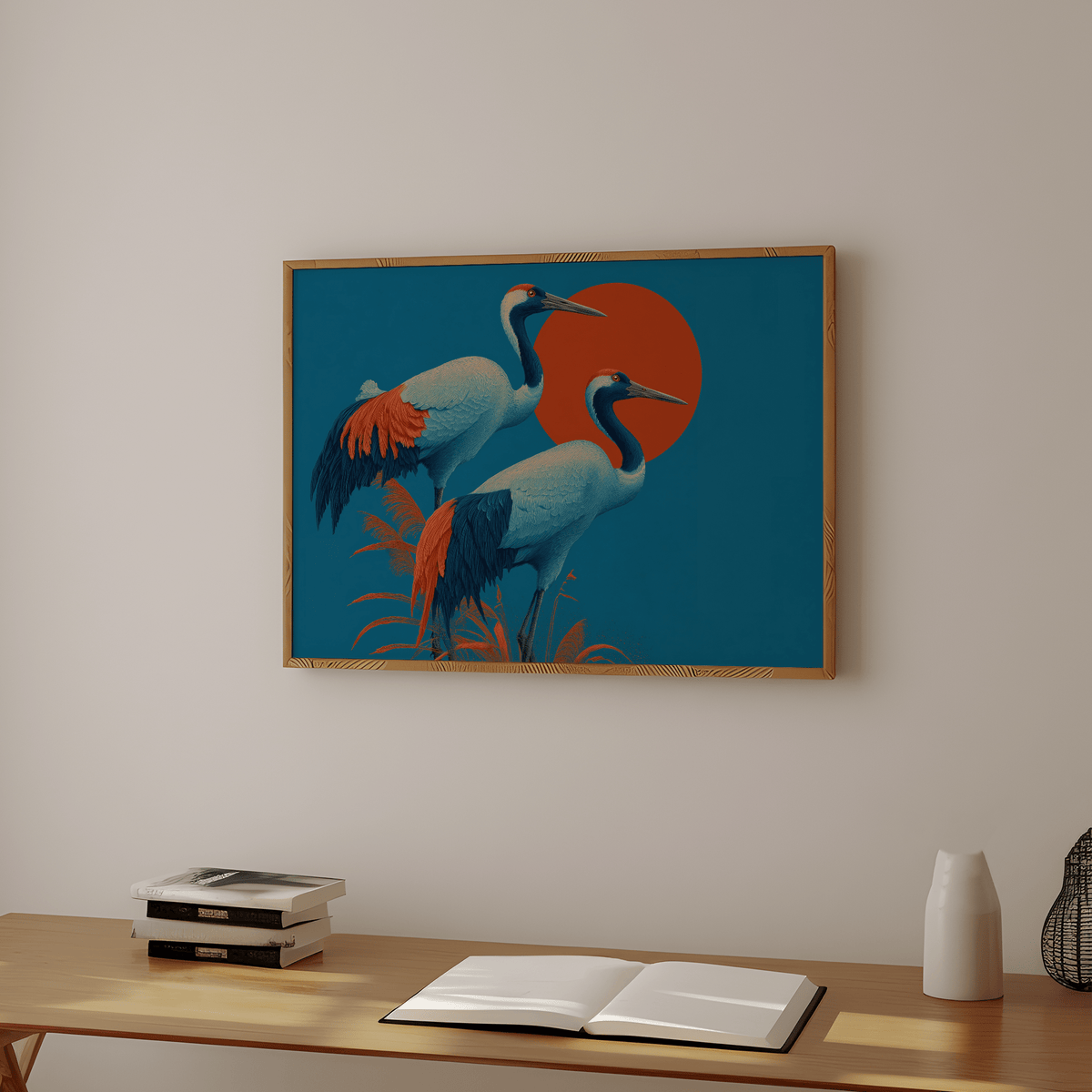 Cranes Artwork print for dining area, showing elegant birds in blue and orange