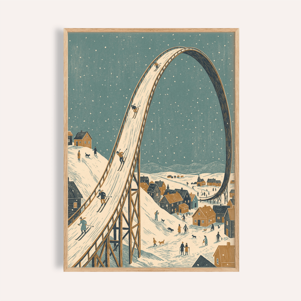 Winter Skiing Art Print with blue and beige, living room wall art