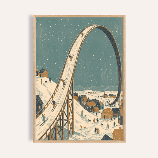 Winter Skiing Art Print with blue and beige, living room wall art