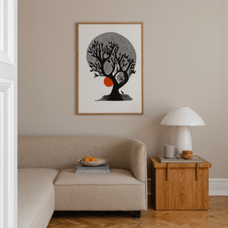 Indian Tree Art Print with dotted halo, orange accent, and bold trunk