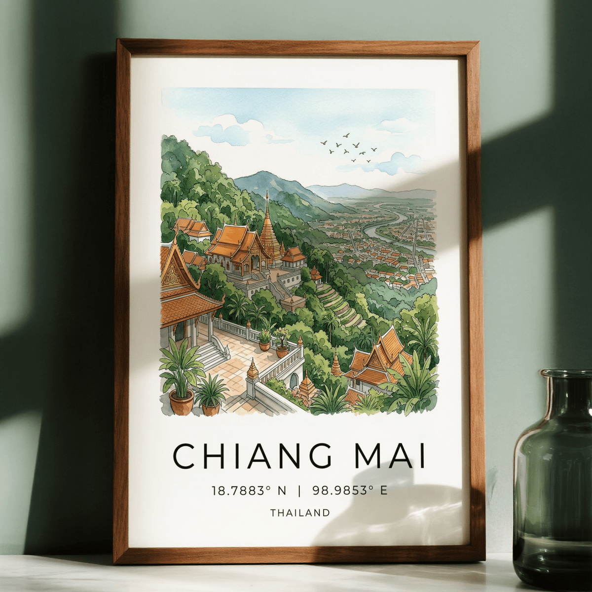 Illustrated Thai wall art depicting winding river through the city