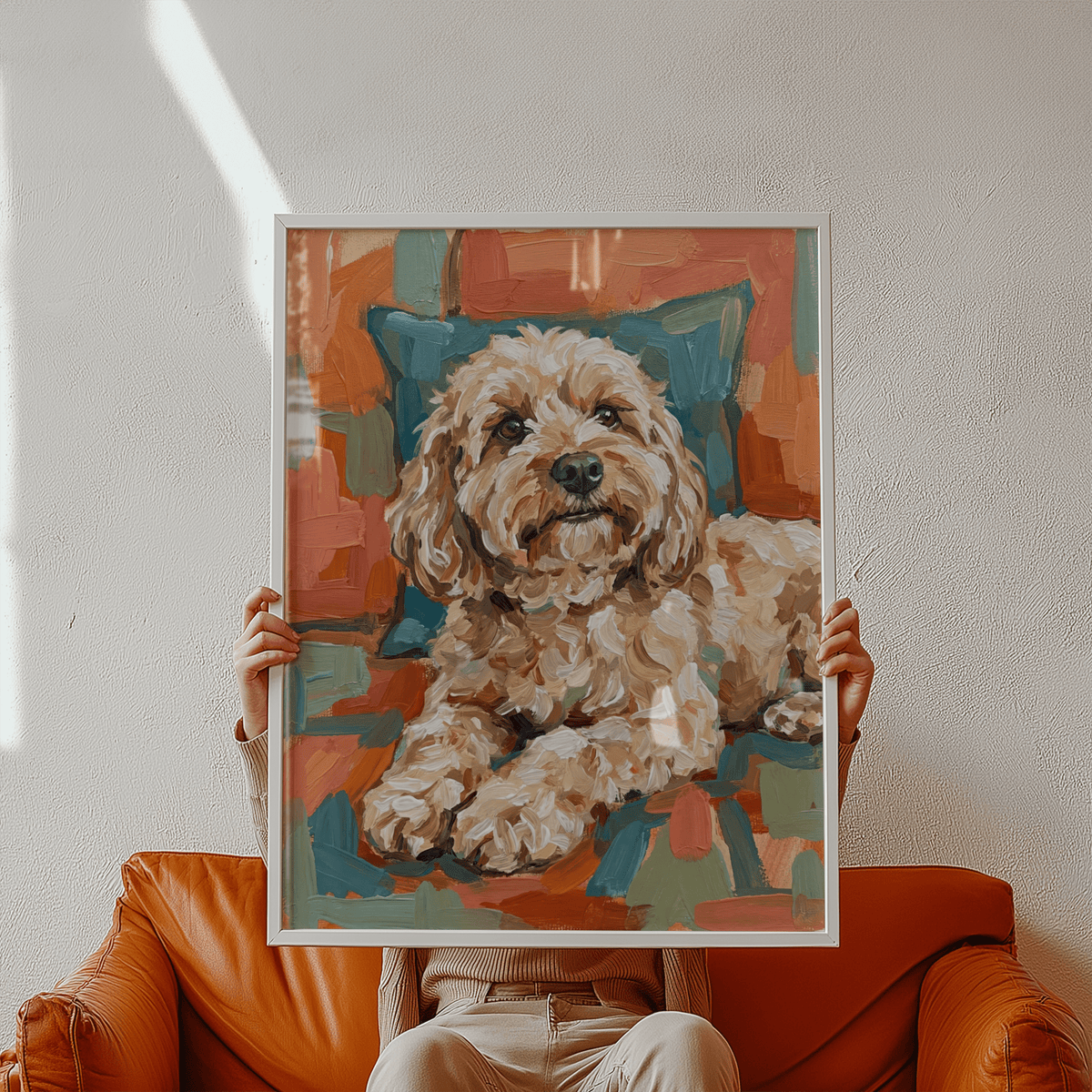 Cockapoo Print with cheerful Beige, Blue, and Green for pet lovers’ bedroom