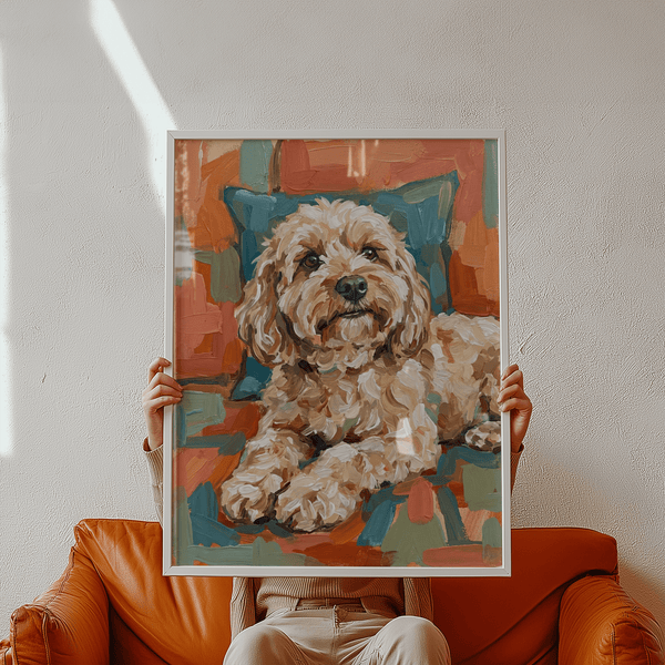 Cockapoo Print with cheerful Beige, Blue, and Green for pet lovers’ bedroom
