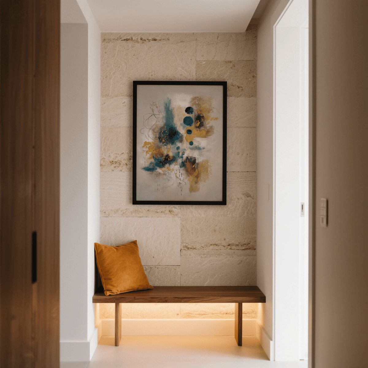 Teal and Black Art Print in blue, gold, and beige, perfect for home office