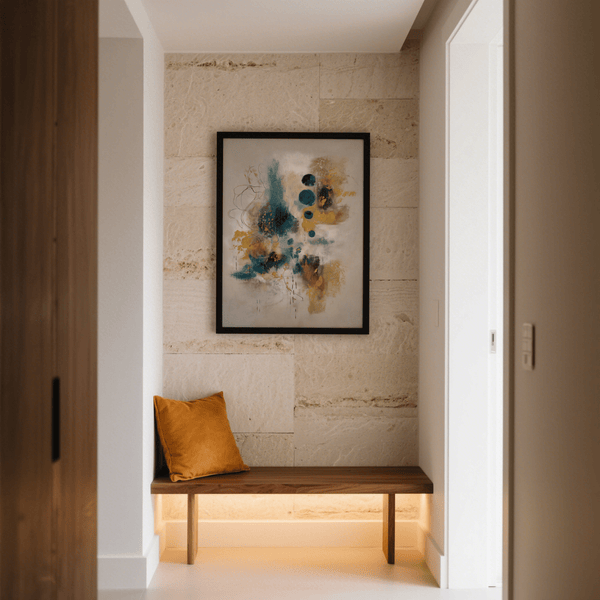 Teal and Black Art Print in blue, gold, and beige, perfect for home office